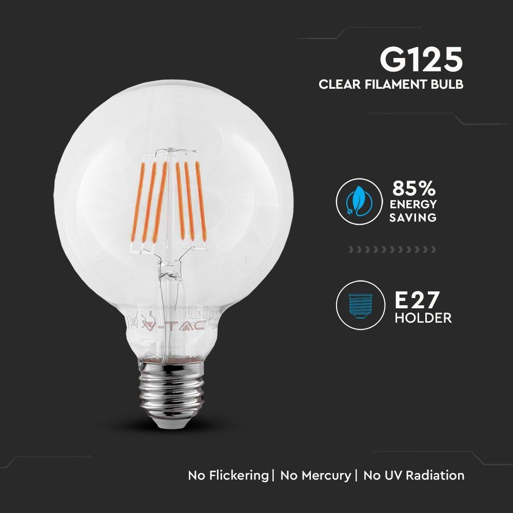 6W G125 Żarówka LED Filament, Chip SAMSUNG, Barwa:2700K, Trzonek:E27, VTAC, SKU 292