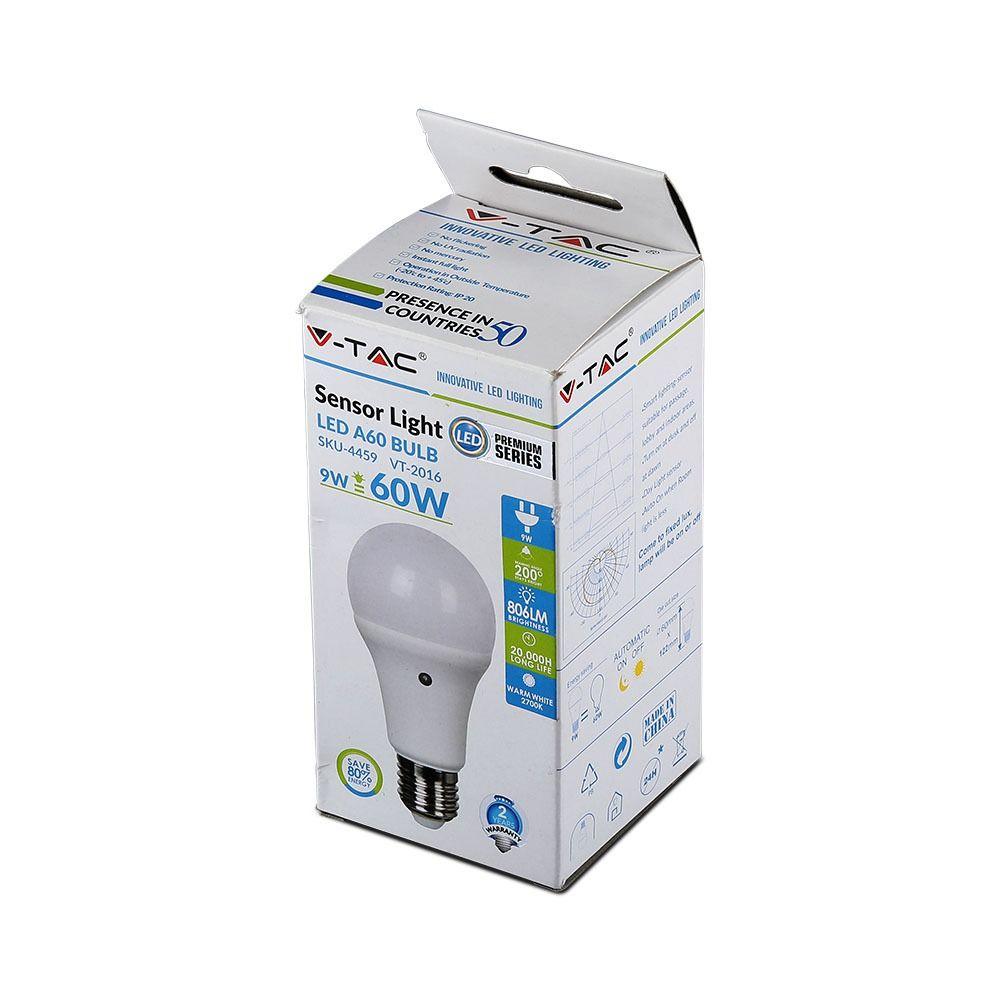 VT-2016 9W A60 PLASTIC SENSOR LED BULB 2700K E27 200'D