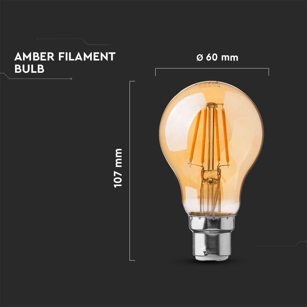 4W A60 Żarówka LED Filament, Klosz Bursztynowy, Chip SAMSUNG, Barwa:2200K, Trzonek:B22, VTAC, SKU 107