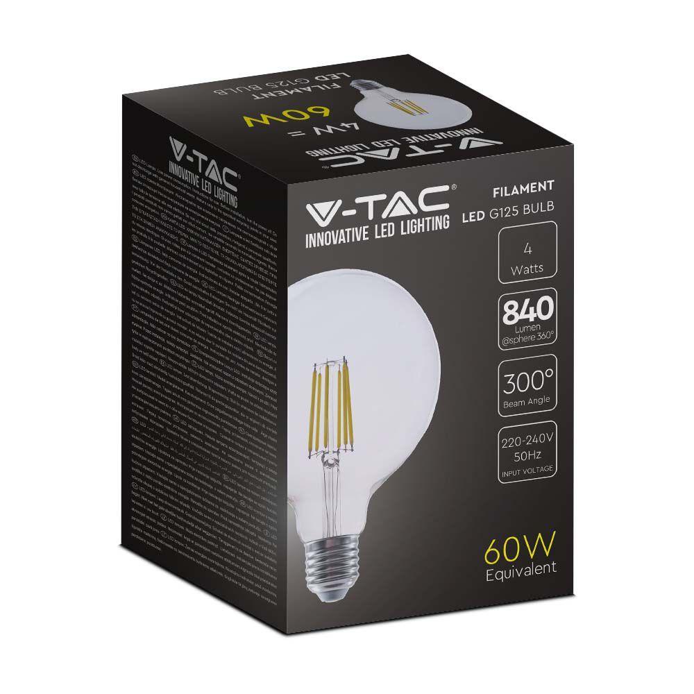 4W G125 Żarówka LED Filament, Klosz Transparentny, Barwa:4000K, Trzonek:E27, Skuteczność: 210lm/W, VTAC, SKU 2993