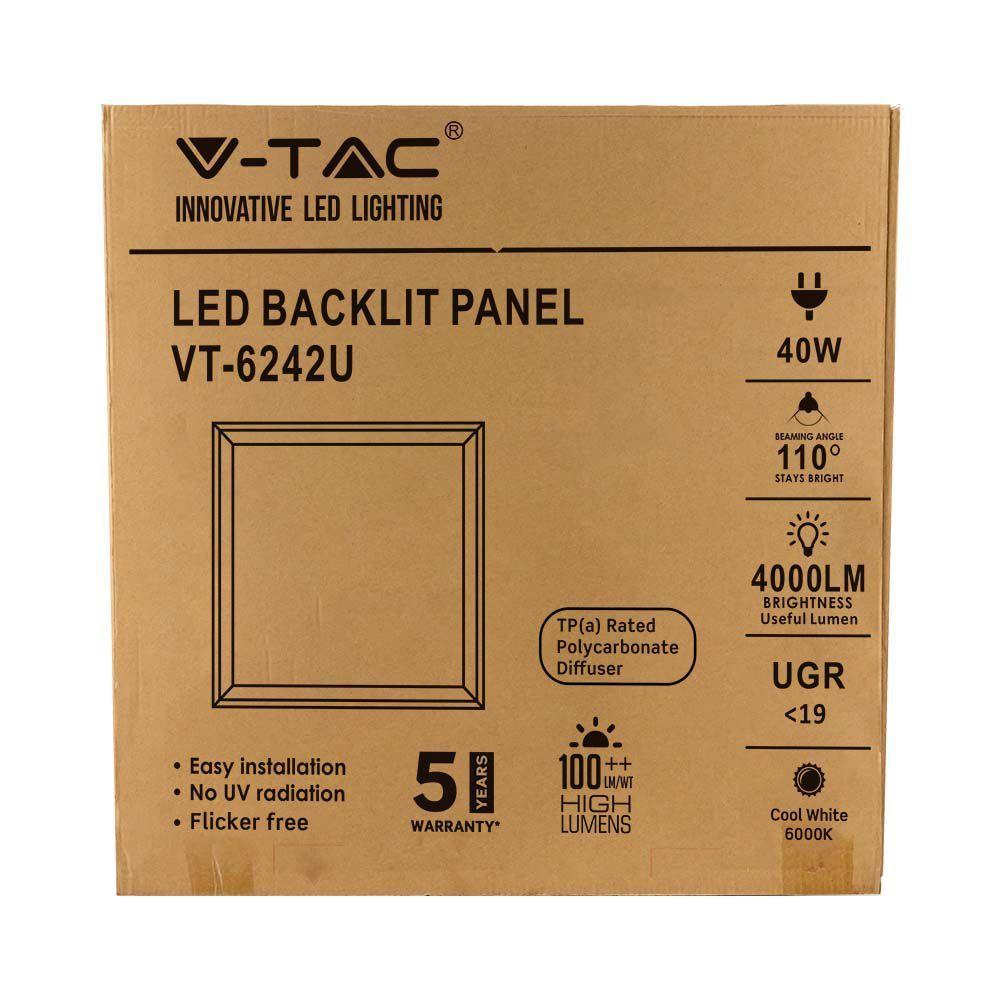 VT-6242U 40W LED BACKLIT PANEL 595x595MM LIFUD DRIVER TP-A RATED&FLICKER FREE 6000K UGR19