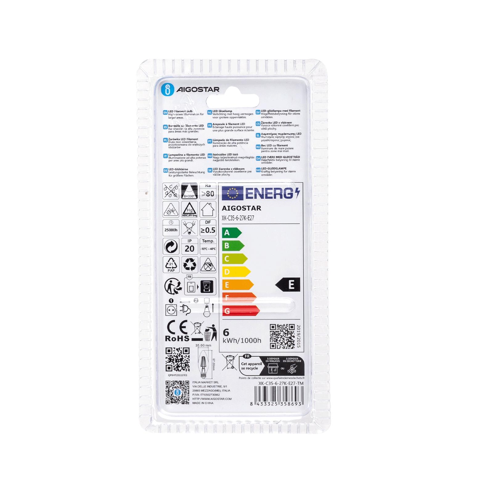 LED Filament Bulb (Clear) C35 E27 6W