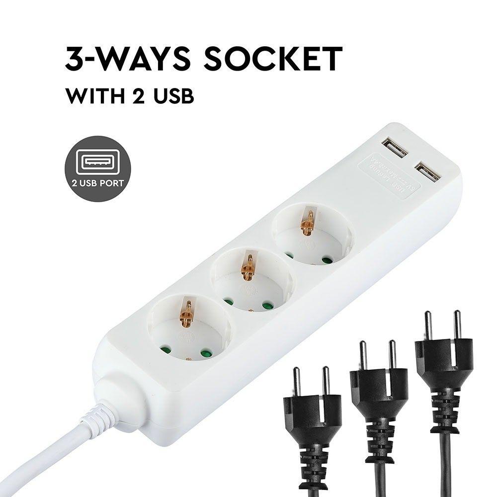 VT-1124-5 3WAYS SOCKET WITH 2USB(3G1.5MM2 X5M)-WHITE