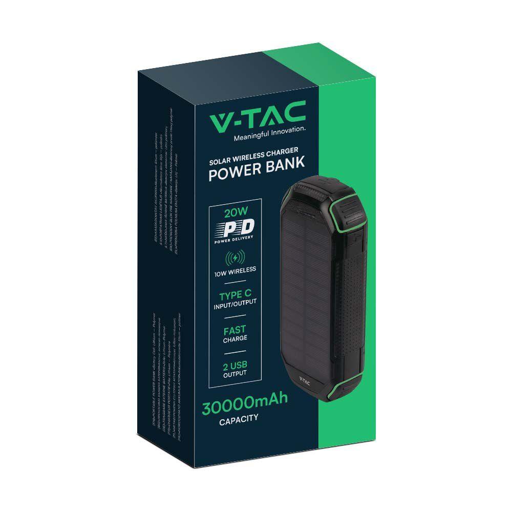 Power Bank, Ładowanie solarne, 30000mAh, Czarny, VTAC, SKU 7836