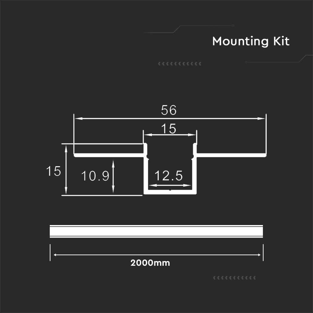 Profil Aluminiowy do paska LED wpuszczany do zabudowy karton gips, 2000x55x15mm, Klosz: Mleczny, Kolor: Aluminium, VTAC, SKU 23173