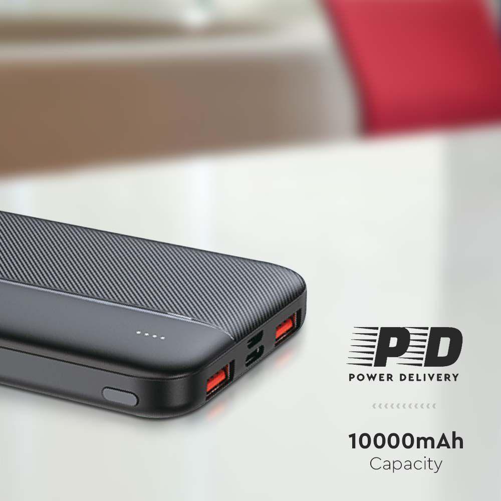 Power Bank 2xUSB + typ: C, Micro USB, Szybkie ładowanie, Litowo Polimerowy - 10000mAh, Czarny, VTAC, SKU 7831