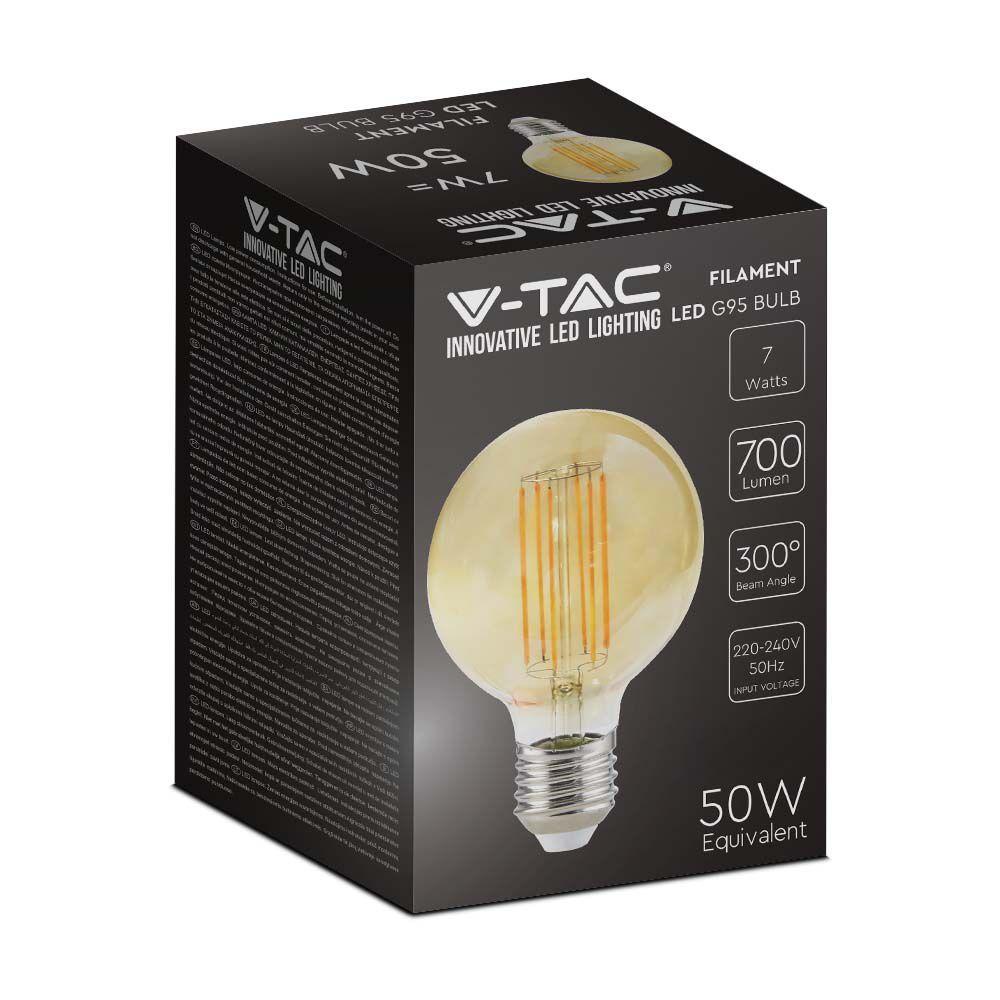 7W G95 Żarówka LED Filament, Klosz Bursztynowy, Barwa:2200K, Trzonek:E27, VTAC, SKU 217147