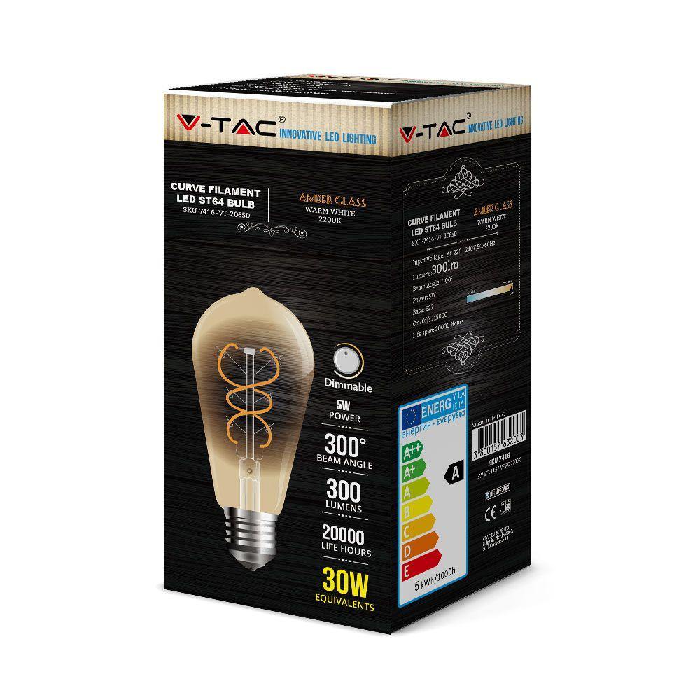 5W ST64 Żarówka LED Filament, Barwa:2200K, Klosz Bursztynowy, Ściemniana, Trzonek:E27, VTAC, SKU 7416