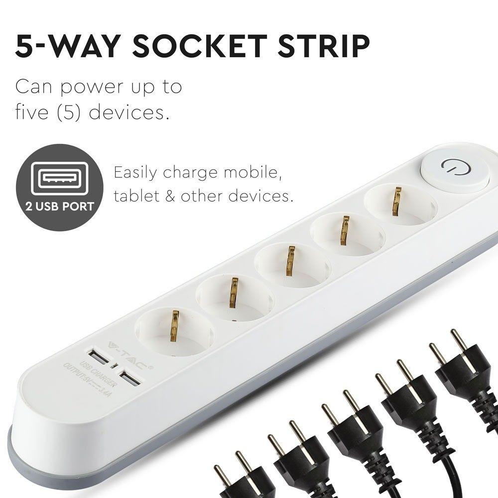 VT-1115-3 5 WAYS SOCKET WITH 2 USB PORTS(3G1.5MMX3M)-WHITE