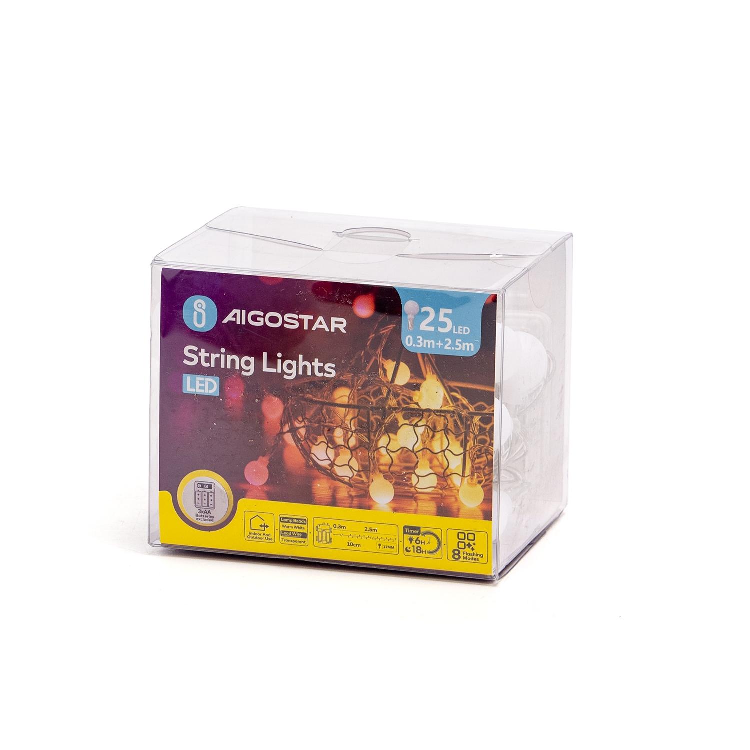 3AA battery milk bulb string lights, warm white, 2.5m