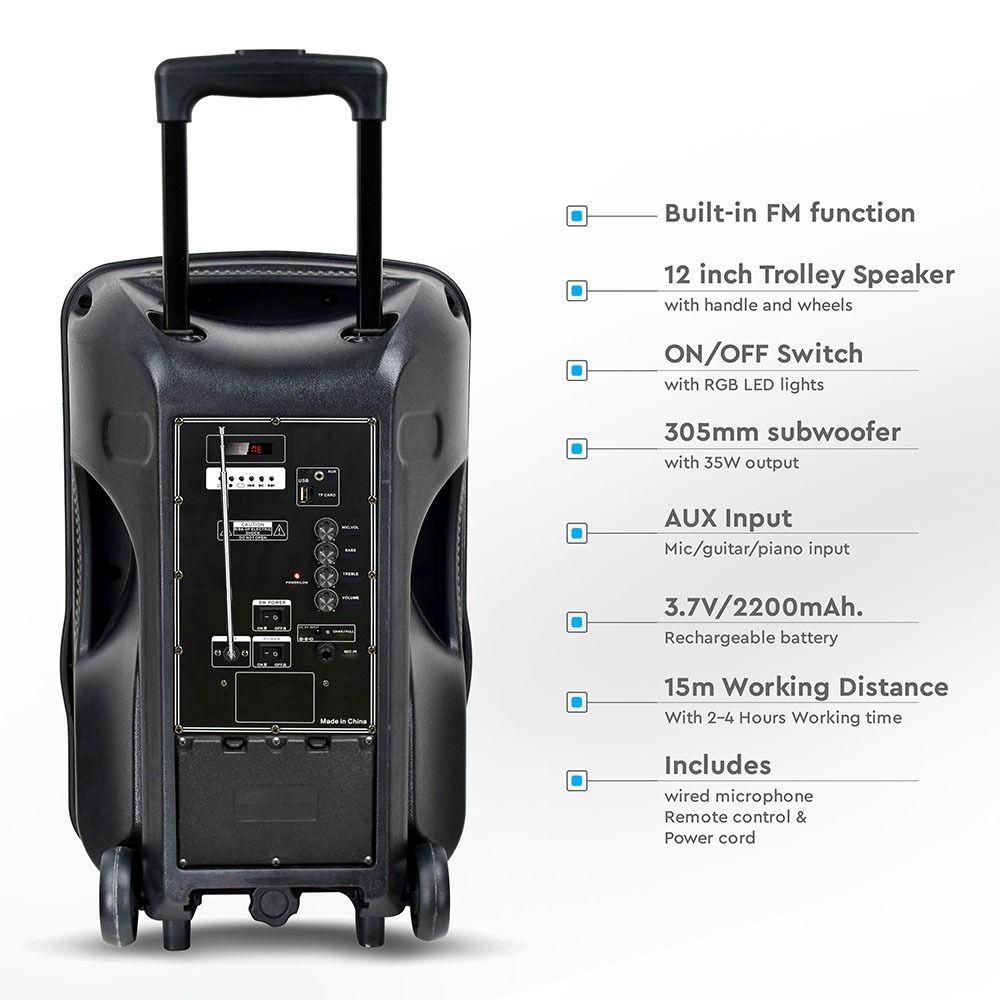 VT-6312 35W RECHARGEABLE TROLLEY SPEAKER WITH WIRED MICROPHONE-RF-RGB (12inch)