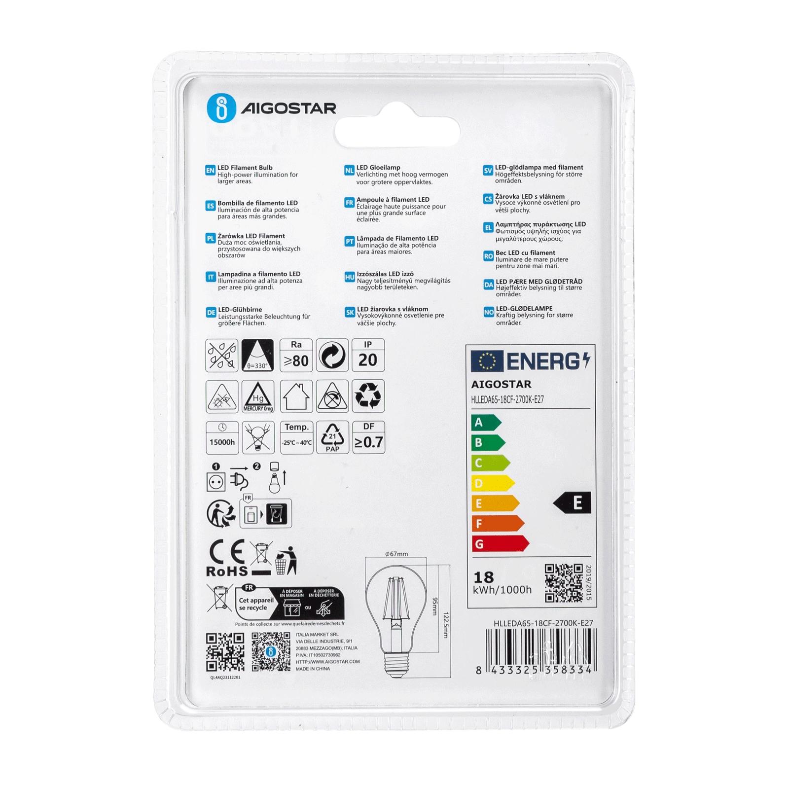 LED Filament Bulb (Clear) A65 E27 18W