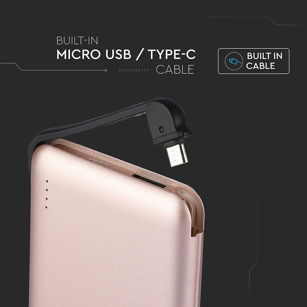 Power Bank z przyłączem Mikro USB, Litowo Polimerowy - 3.7V, 5000mAh, Różowe Złoto, VTAC, SKU 8867