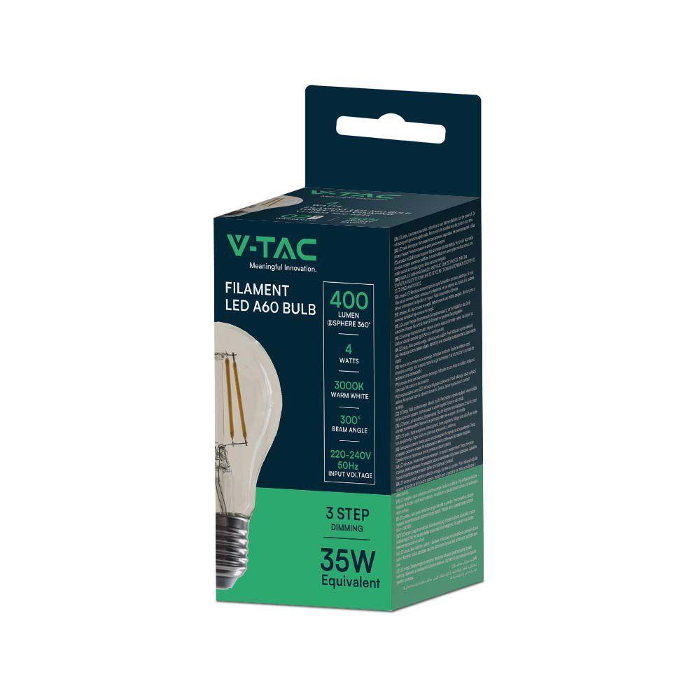 4W A60 Żarówka LED Filament, Barwa:3000K, Ściemniana - 3 stopnie, Trzonek:E27, VTAC, SKU 6845