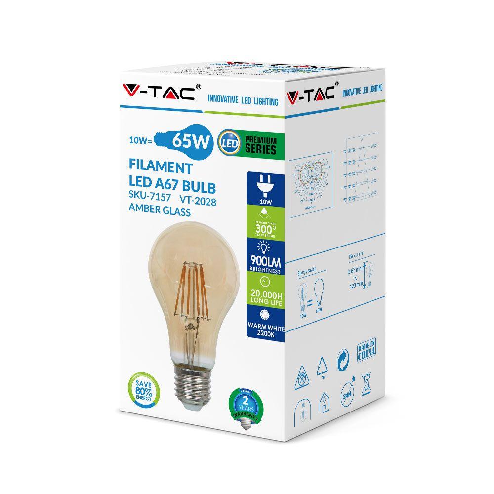 10W A67 Żarówka LED Filament, Klosz: Bursztynowy, Barwa:2200K, Trzonek:E27, VTAC, SKU 7157