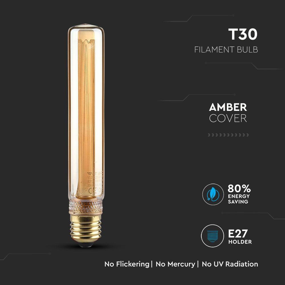 2W T30 Żarówka LED Filament, Klosz Bursztynowy, Barwa:1800K, Trzonek:E27, VTAC, SKU 7473