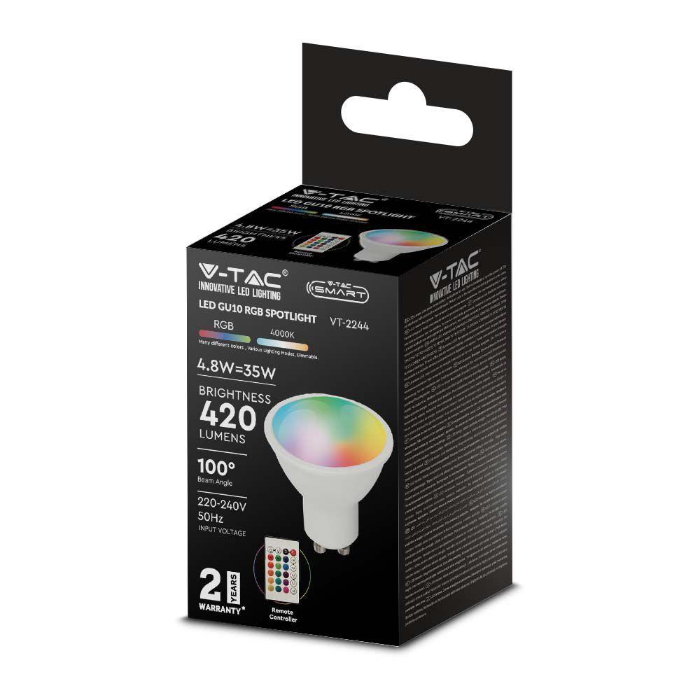 5.5W GU10 Żarówka LED sterowana pilotem, Barwa:RGB+3000K, Ściemniana, Kąt 110', Trzonek:GU10, VTAC, SKU 2927