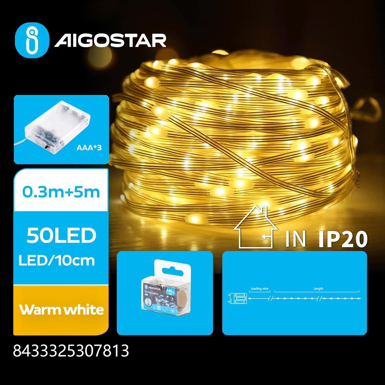 3AA battery string lights (PVC & copper), warm white, 5m