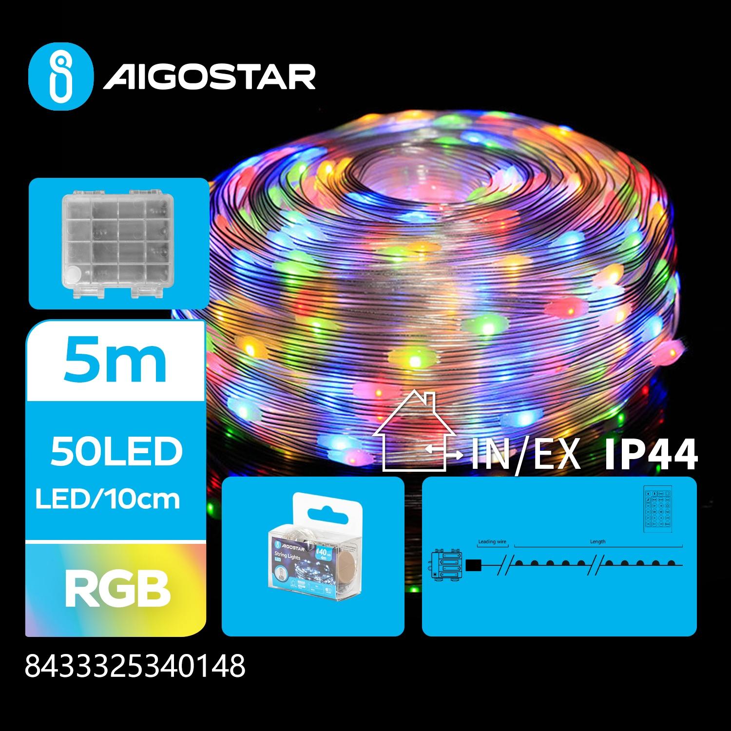 4AA battery string lights (PVC & copper), RGB, 5m