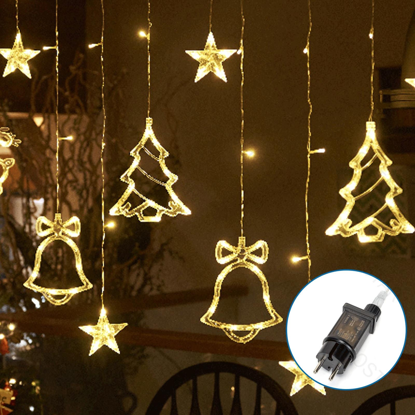 Tandem curtain Solar Icicle(Wave) Flat String Lights Bell deer Christmas tree pendant-Warm White-3M+3M*0.6M-120LED-12string 60.50.30-transparent wire-8blink+time with control+IP44