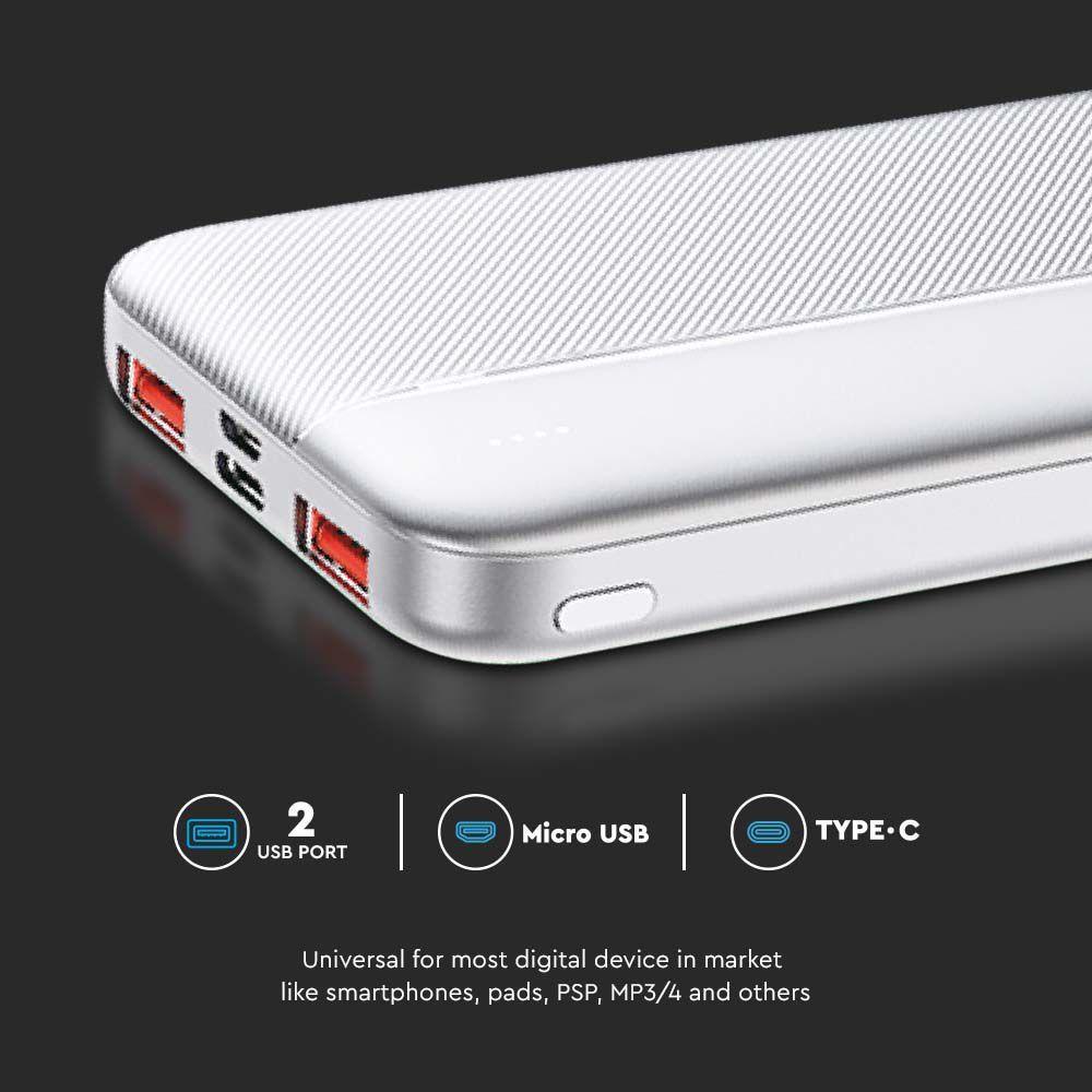 Power Bank 2xUSB + typ: C, Micro USB, Szybkie ładowanie, Litowo Polimerowy - 10000mAh, Biały, VTAC, SKU 7832