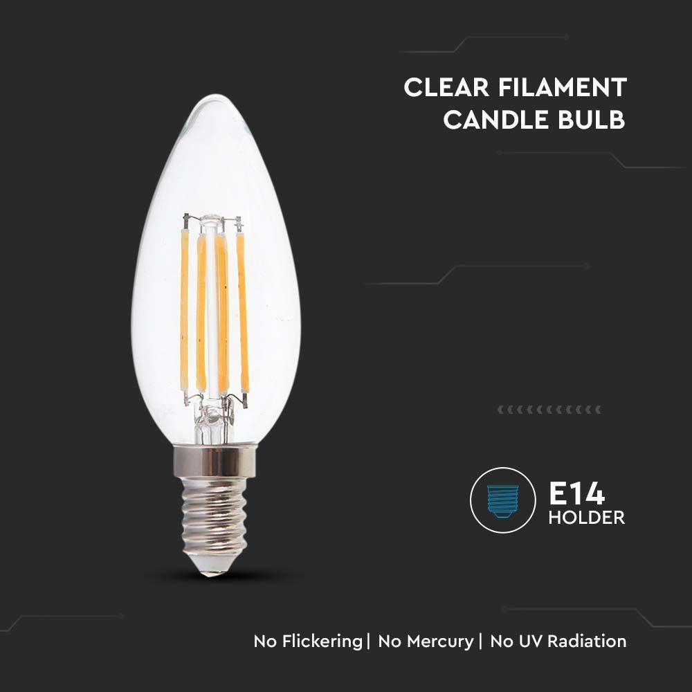 6W C35 Filament, Klosz Transparentny/ Barwa:4000K, Trzonek: E14, Skuteczność: 130lm/W, VTAC, SKU 212849