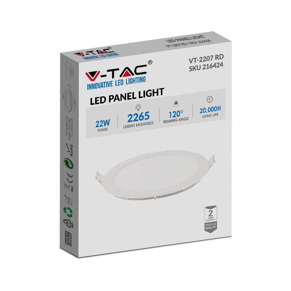 22W Panel LED , Barwa:3000K, Okrągła, VTAC, SKU 216422