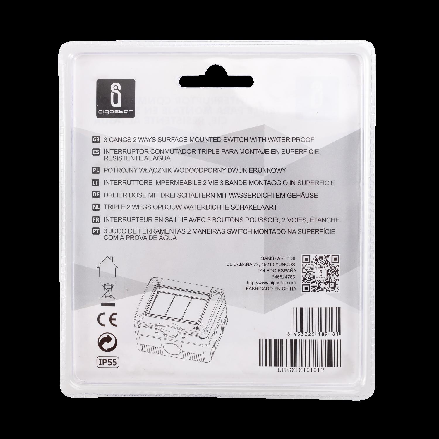 Surface-Mounted Waterproof Three Gang Two Way Switch Gray