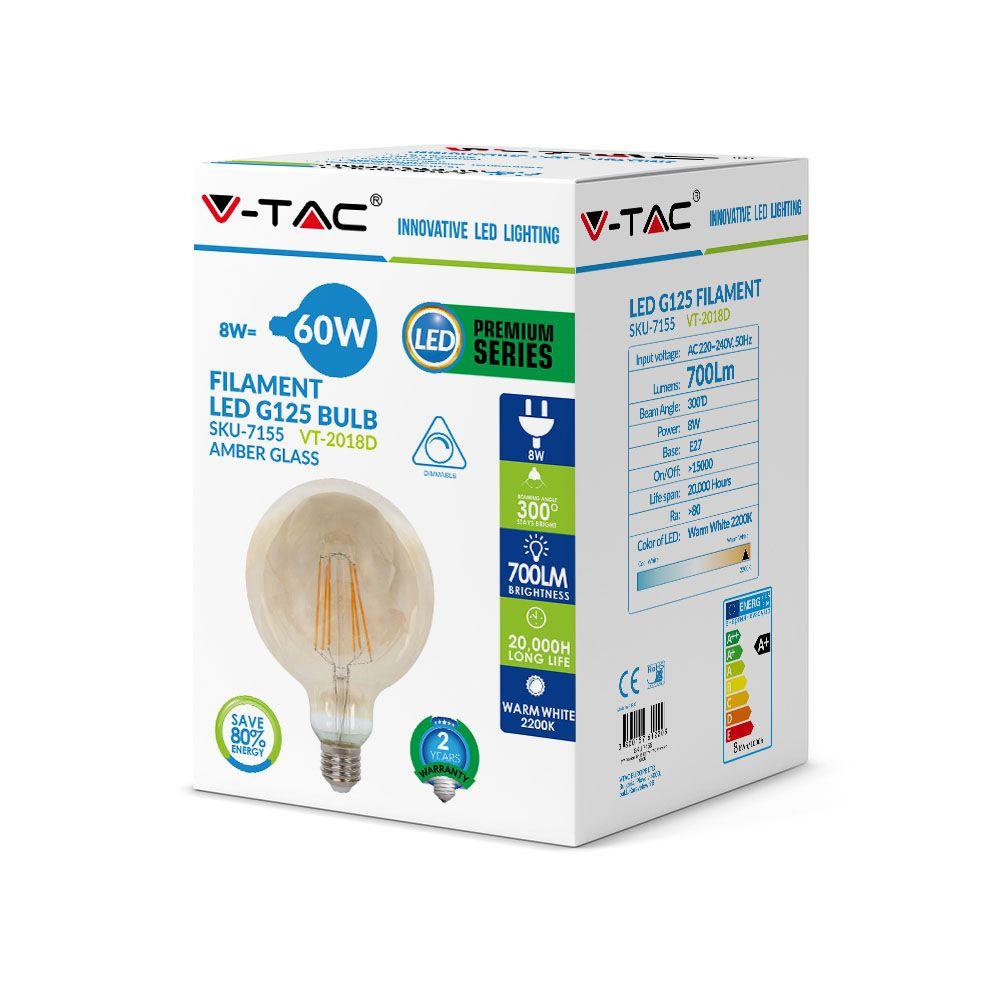 8W G125 Żarówka LED Filament, Klosz Bursztynowy, Barwa:2200K, Trzonek:E27, VTAC, SKU 7155