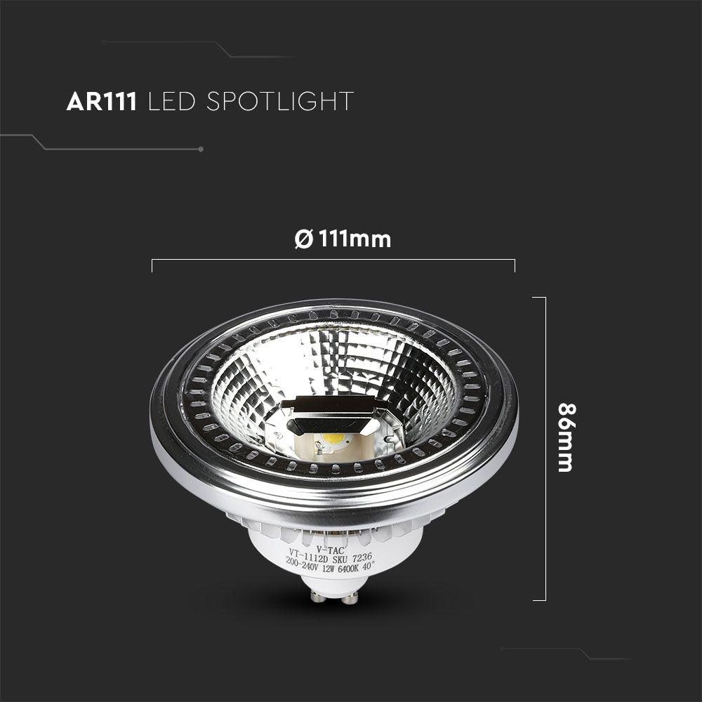 12W AR111 LED SPOTLIGHT, Barwa:3000K, Trzonek:GU10, Ściemniana, VTAC, SKU 7234