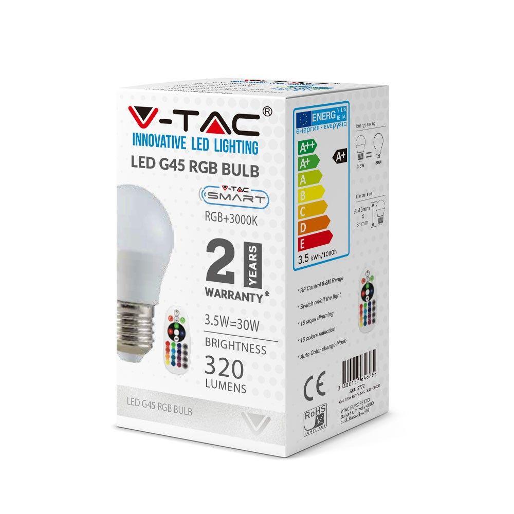 3.5W G45 Żarówka LED sterowana pilotem, Barwa:RGB+3000K, Trzonek:E27, VTAC, SKU 2772