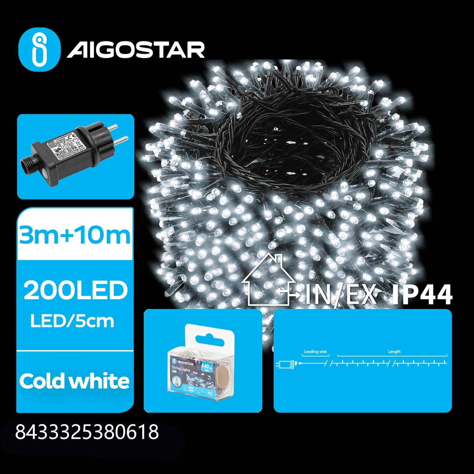 Low Voltage Flat String Lights-Cool White-3M+10M-200LED-5CM/LED-green black wire-8blink+time+IP44