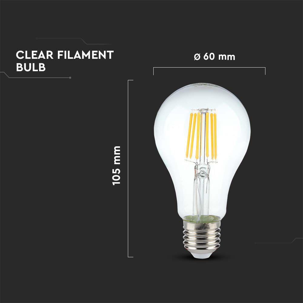 10W A60 Żarówka LED Filament, Klosz Transparentny, Barwa:3000K, Trzonek:E27, VTAC, SKU 214410