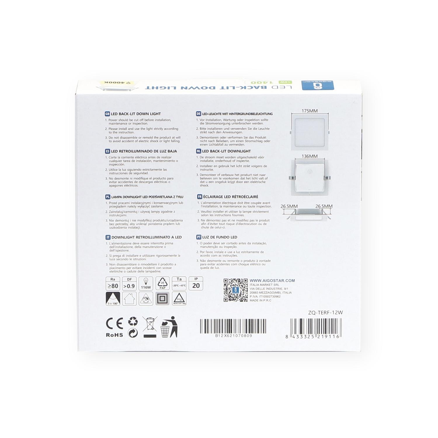 E6 LED Flush-mounted Square Downlight 12W Natural Light