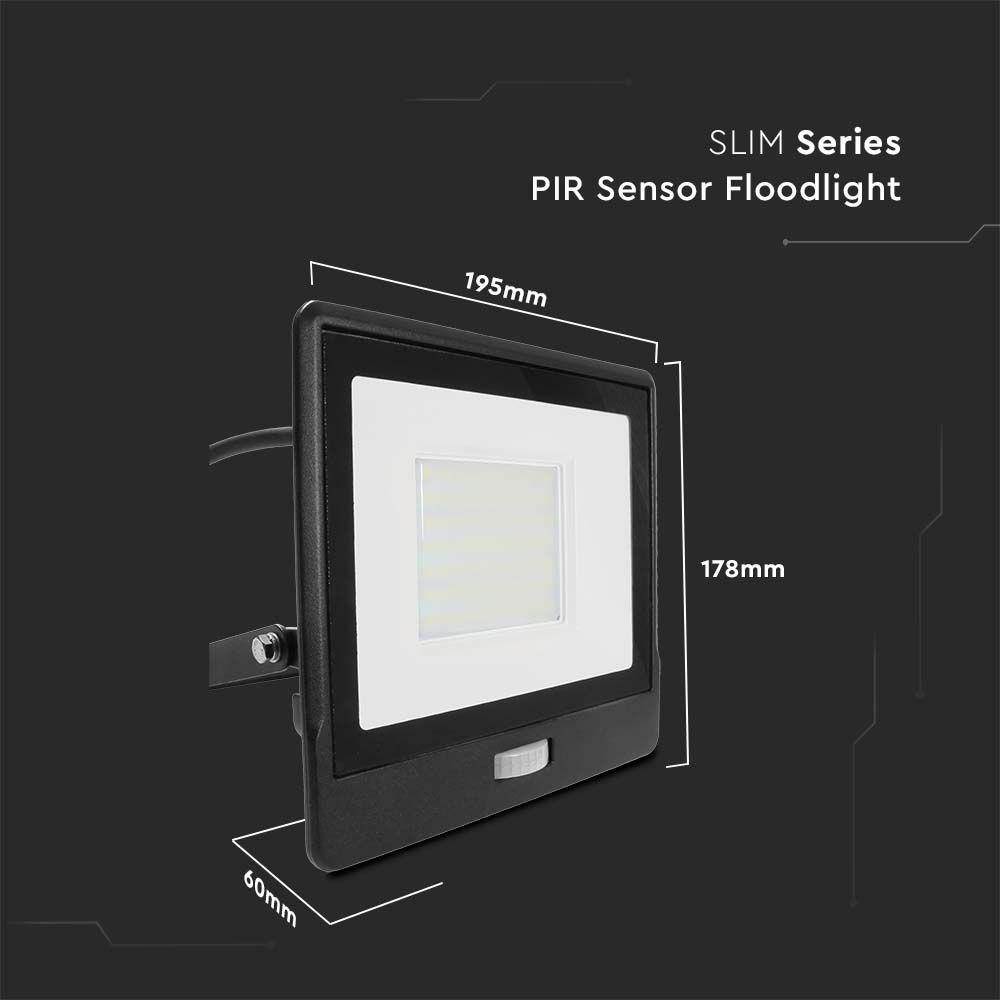 50W Naświetlacz LED SMD z czujnikiem ruchu, Chip SAMSUNG, Przewód: 1m, Barwa:6500K, Obudowa: Czarna, VTAC, SKU 20291