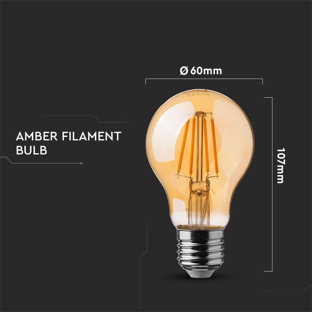 6W A60 Żarówka LED Filament, Klosz Bursztynowy, Chip SAMSUNG, Barwa:2200K, Trzonek:E27, VTAC, SKU 286