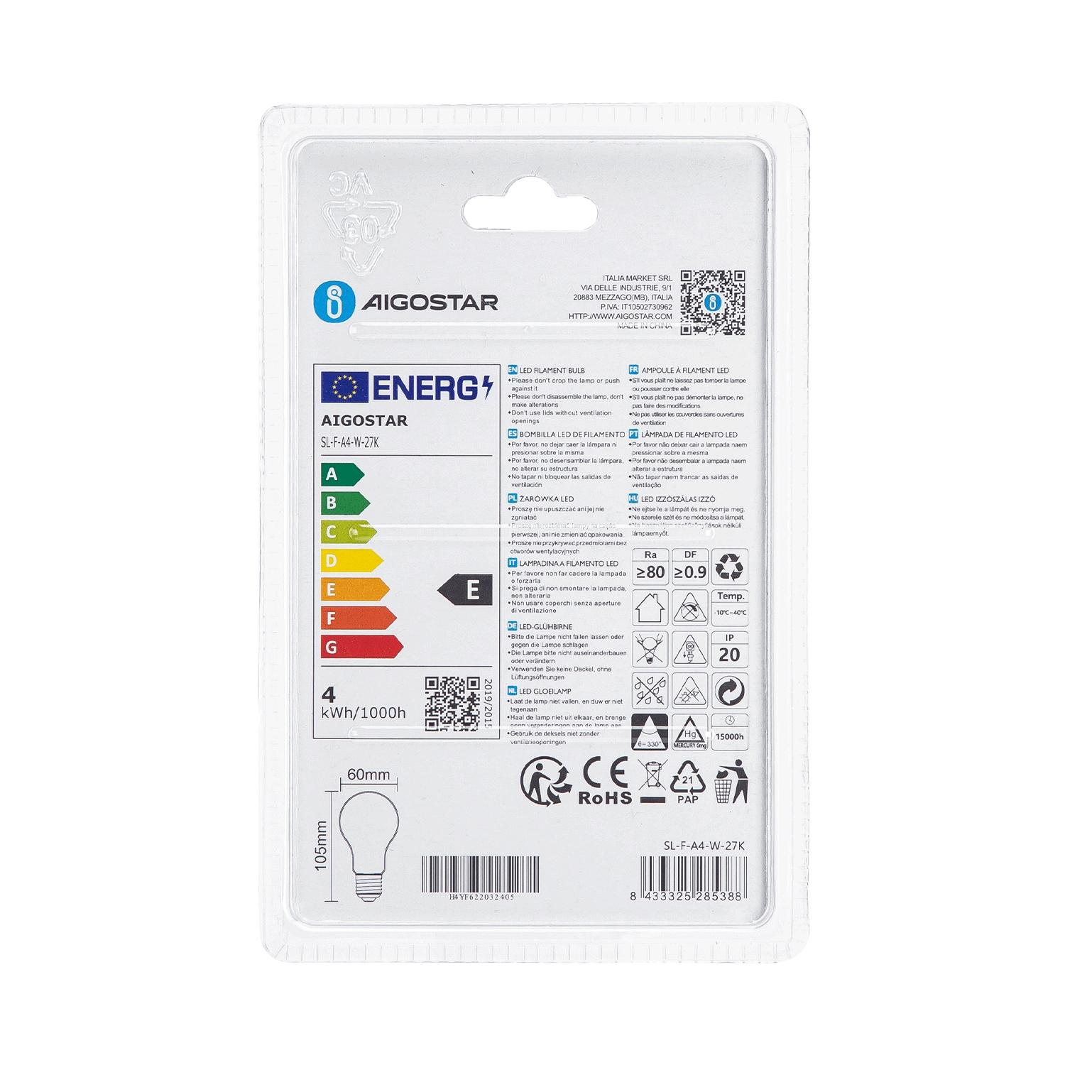 Żarówka LED Filament (Mlecznobiały) A60 E27 4W(4W,450lm,E27,2700K)