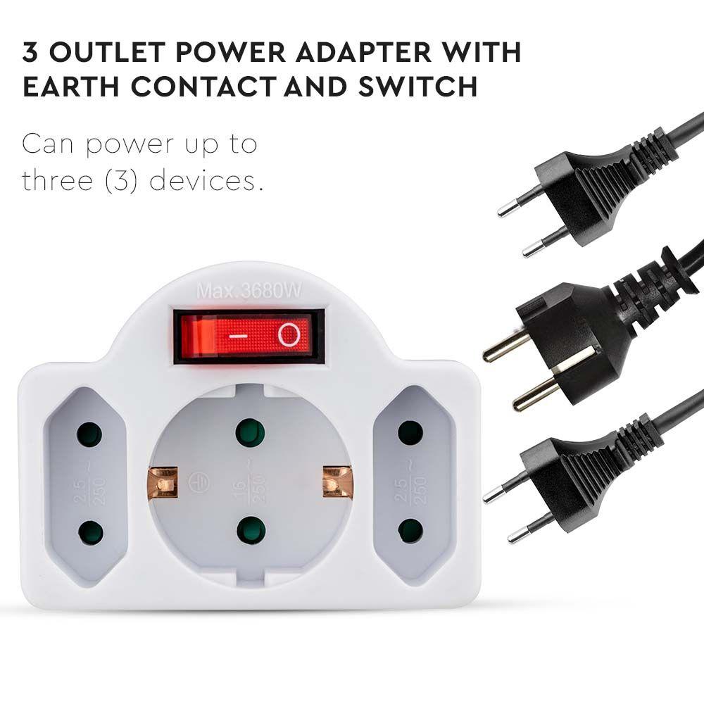 VT-1010-3 3 OUTLET POWER ADAPTER WITH EARTH CONTACT AND SWITCH 16A 250V