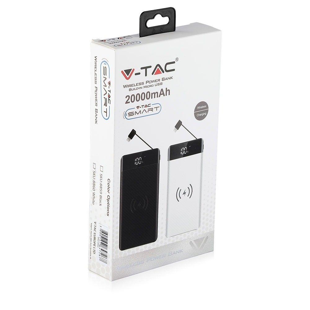 Power Bank z ładowaniem indukcyjnym i przyłączem Mikro USB, Litowo Polimerowy - 3.7V, 20000mAh, Biały, VTAC, SKU 8860