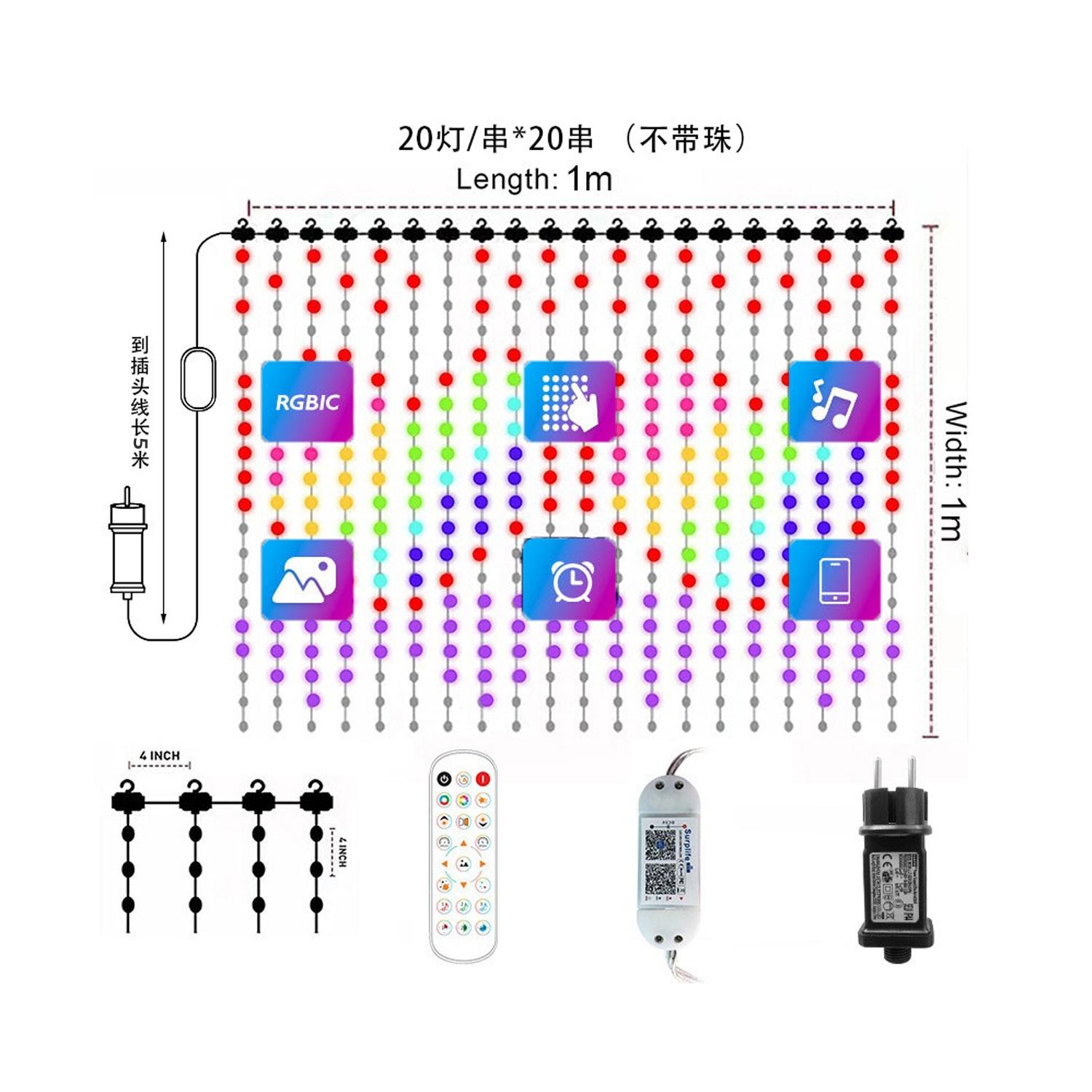 Smart curtain String Lights-5+1*1M curtain-RGBIC-400LED-transparent wire-with remote control IP44