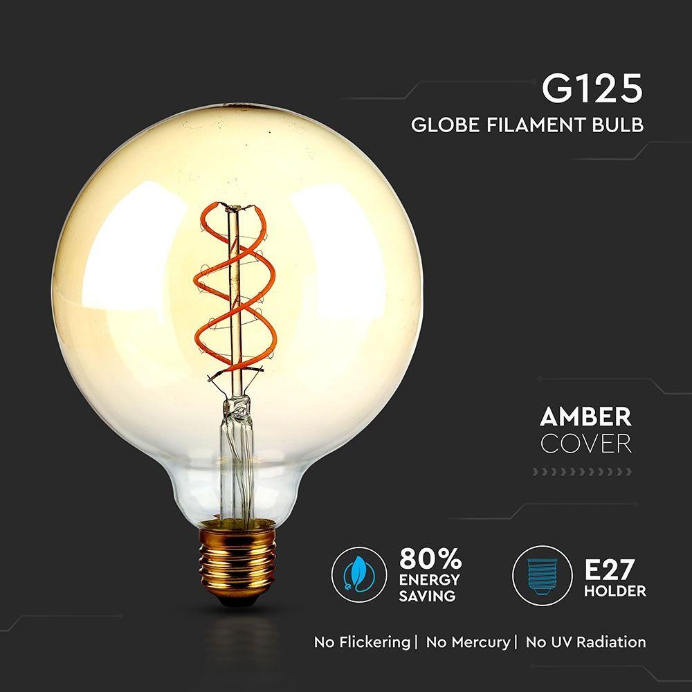 5W Żarówka LED G125 Filament, Barwa:2200K, Klosz Bursztynowy, Trzonek:E27, VTAC, SKU 7415