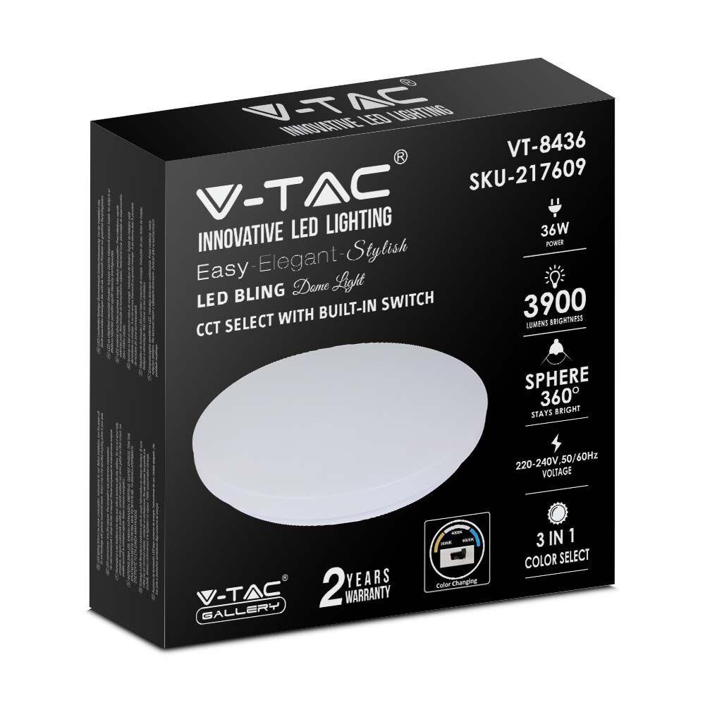 36W Plafon LED DOME, Średnica: 450,  Klosz: Mleczny, Barwa:3w1, VTAC, SKU 217609