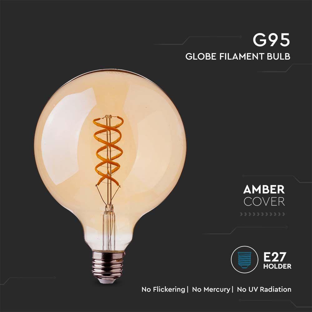 5W G95 Żarówka LED Filament Globe, Barwa:1800K, Klosz: Bursztynowy, Trzonek: E27, VTAC, SKU 217217