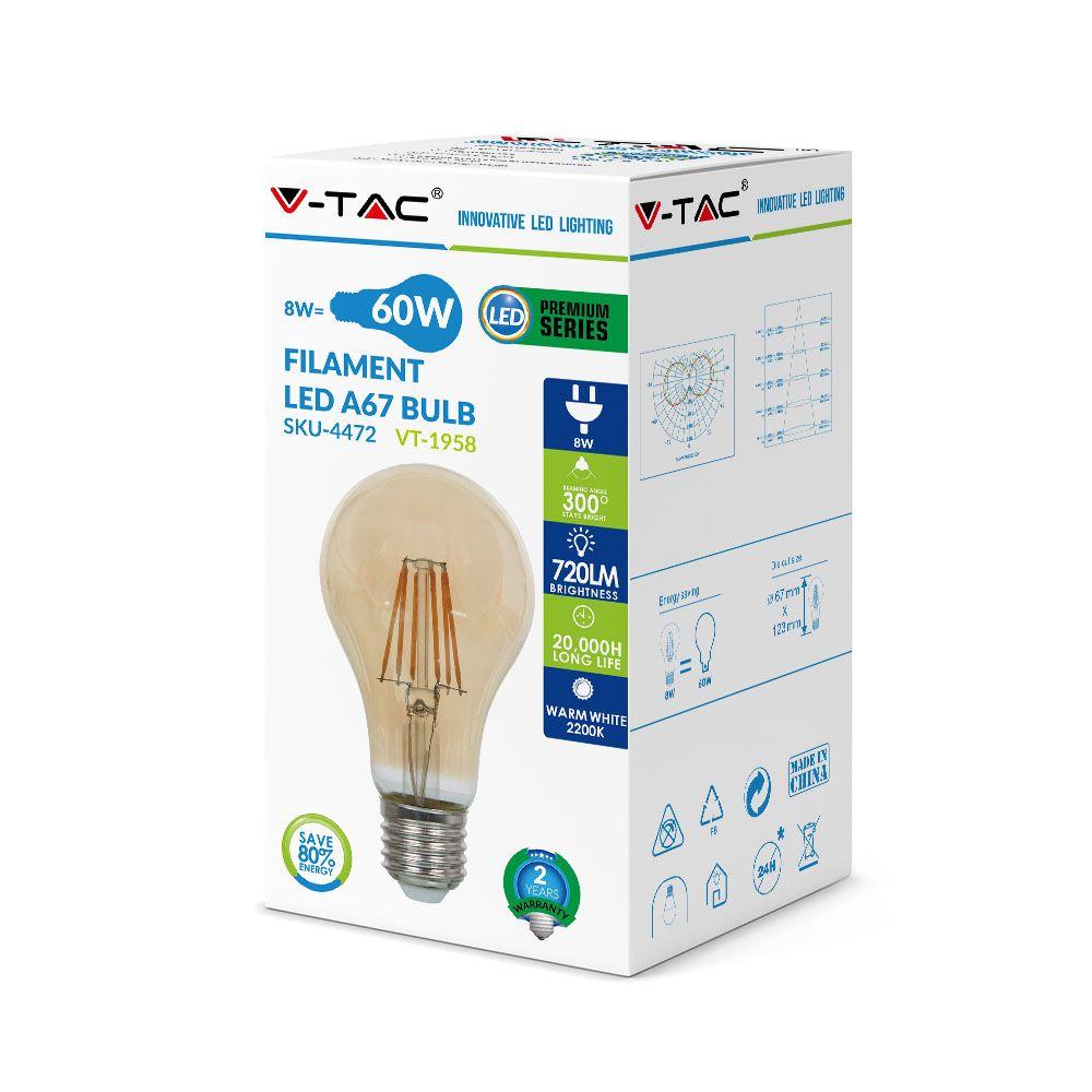 8W LED A67 Żarówka LED Filament, Klosz: Bursztynowy, Barwa:2200K, Trzonek:E27, VTAC, SKU 4472