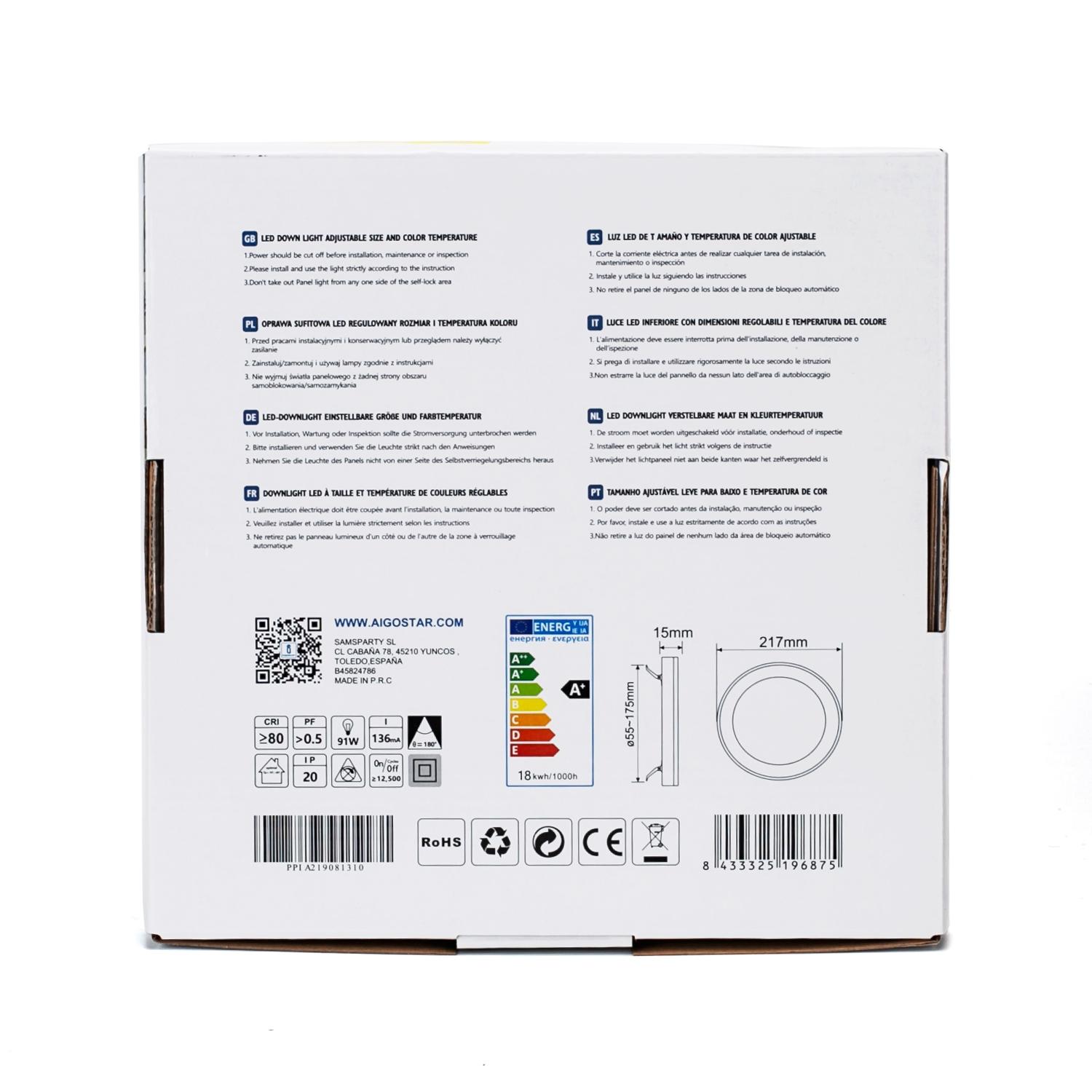 E6 LED Round Downlight 18W Adjustable Size and Color Temperature