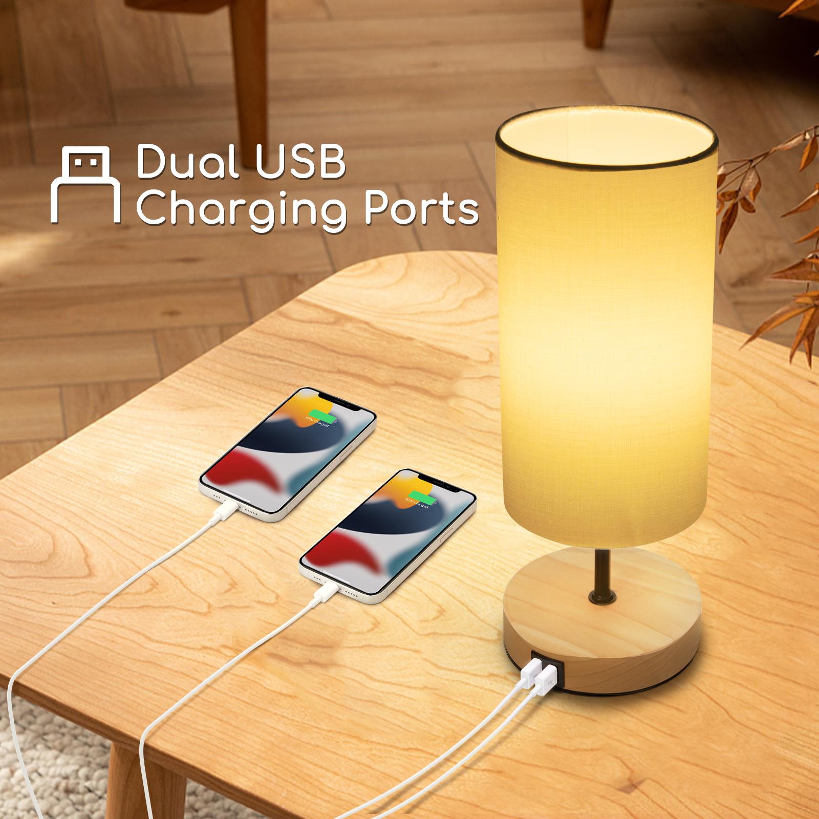 Lampa stołowa drewniana z dwoma USB