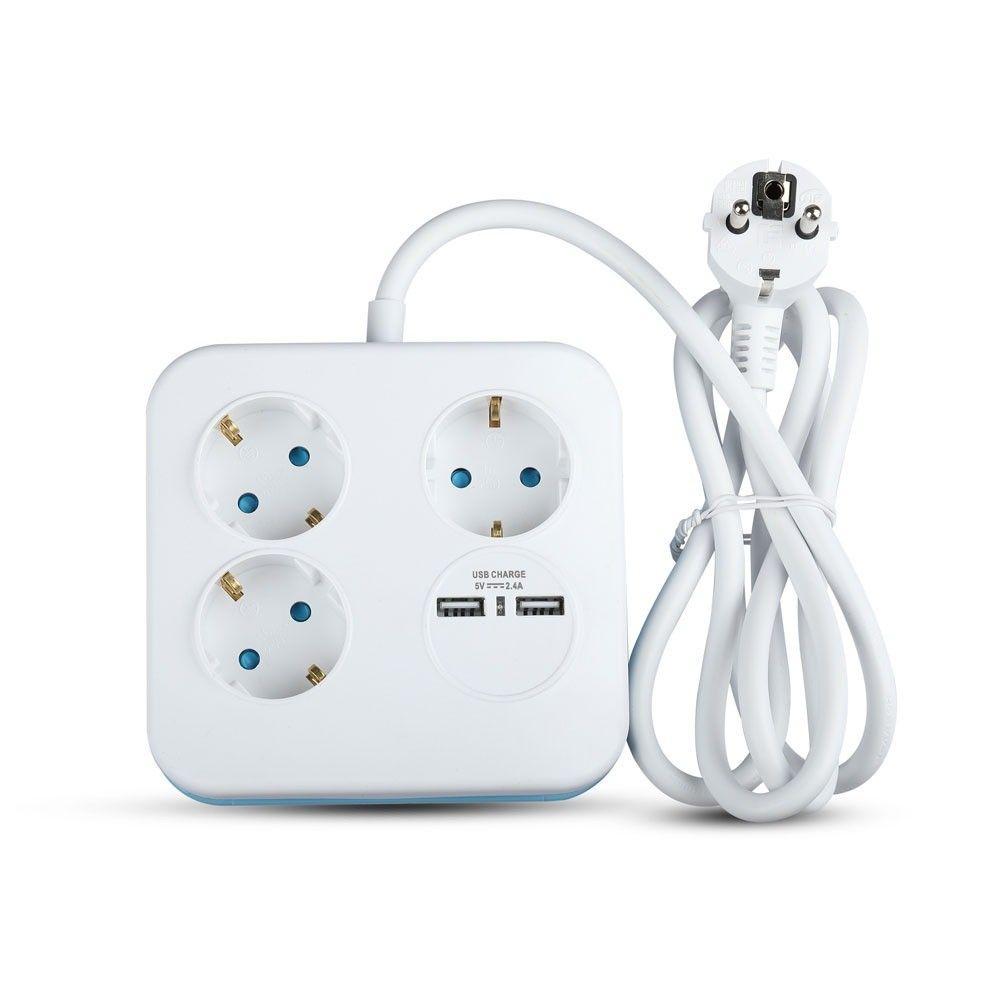 Przedłużacz mieszkaniowy 3 GN. Z portem 2xUSB, 3x1.5 X 1.4M, Biały, VTAC, SKU 8799