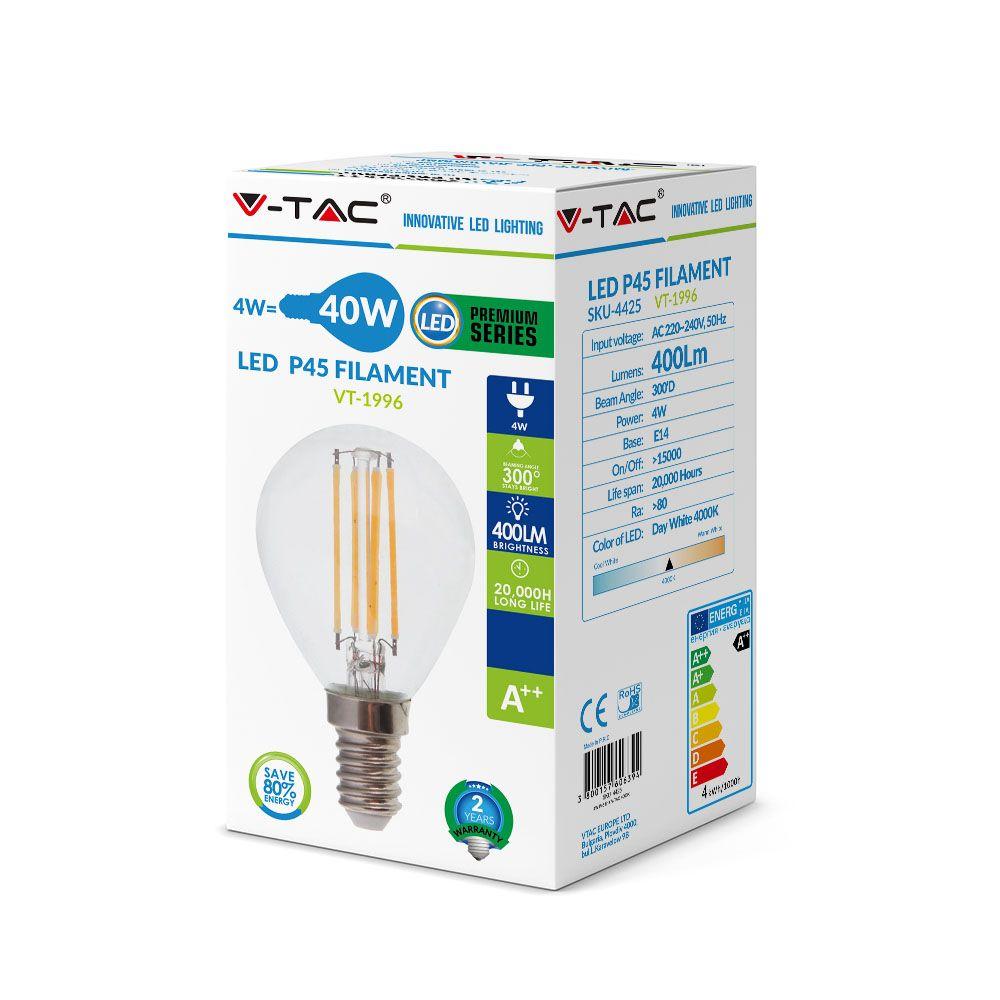 4W P45 Żarówka LED Filament, Barwa:6400K, Trzonek:E14, VTAC, SKU 4426