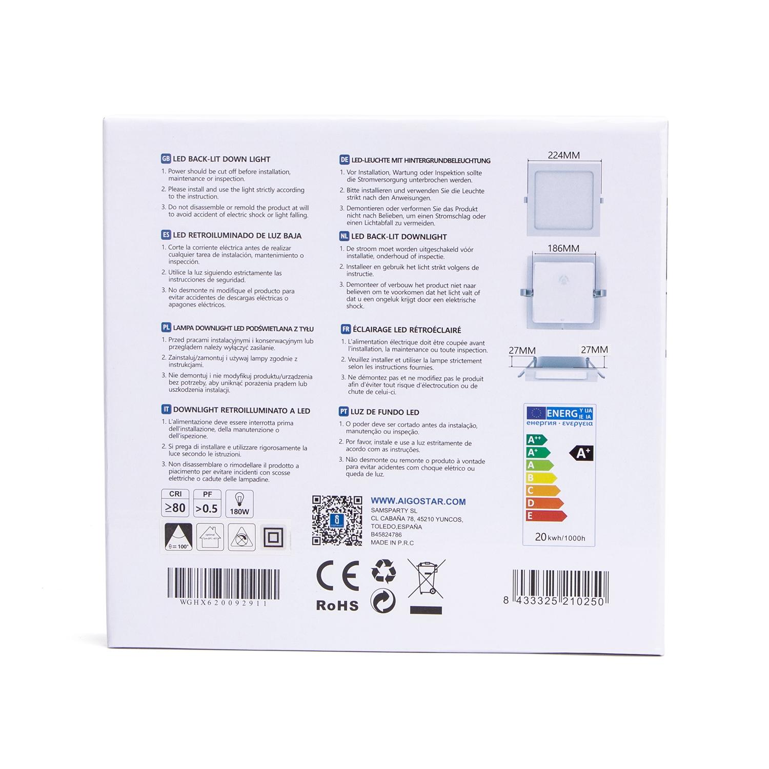 Downlight kwadratowy podtynkowy LED 20W 4000K