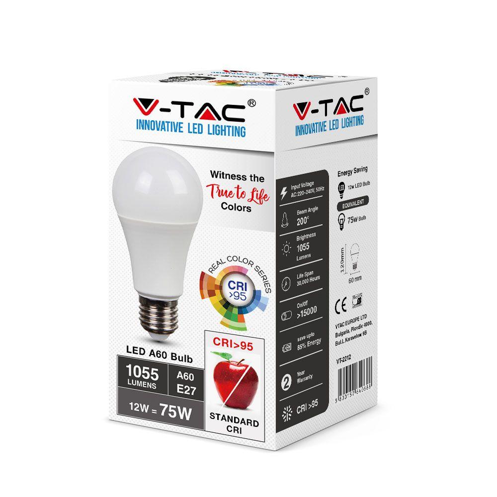 12W A60 Żarówka LED, Barwa:6400K, CRI>95, Trzonek:E27, VTAC, SKU 7484